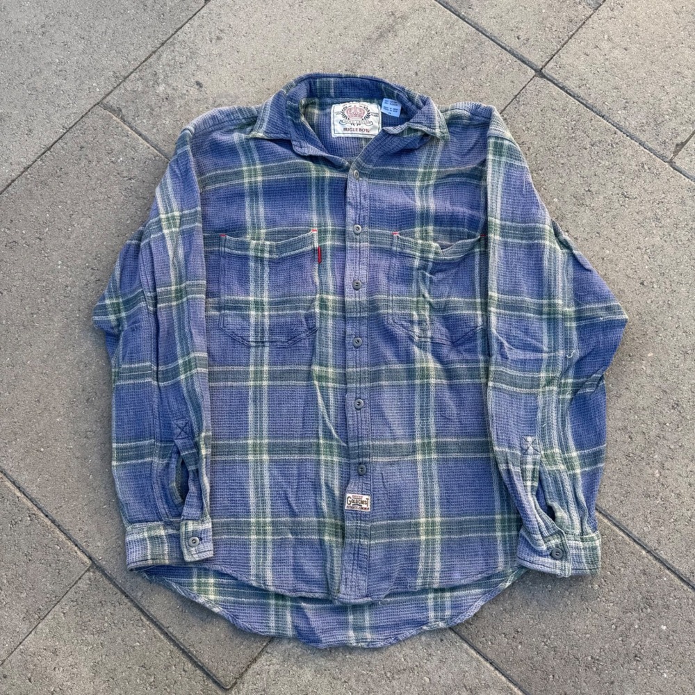 Vintage Bugle Boy Gold Crest Waffle Knit Plaid Flannel Shirt Blue Green Mens M